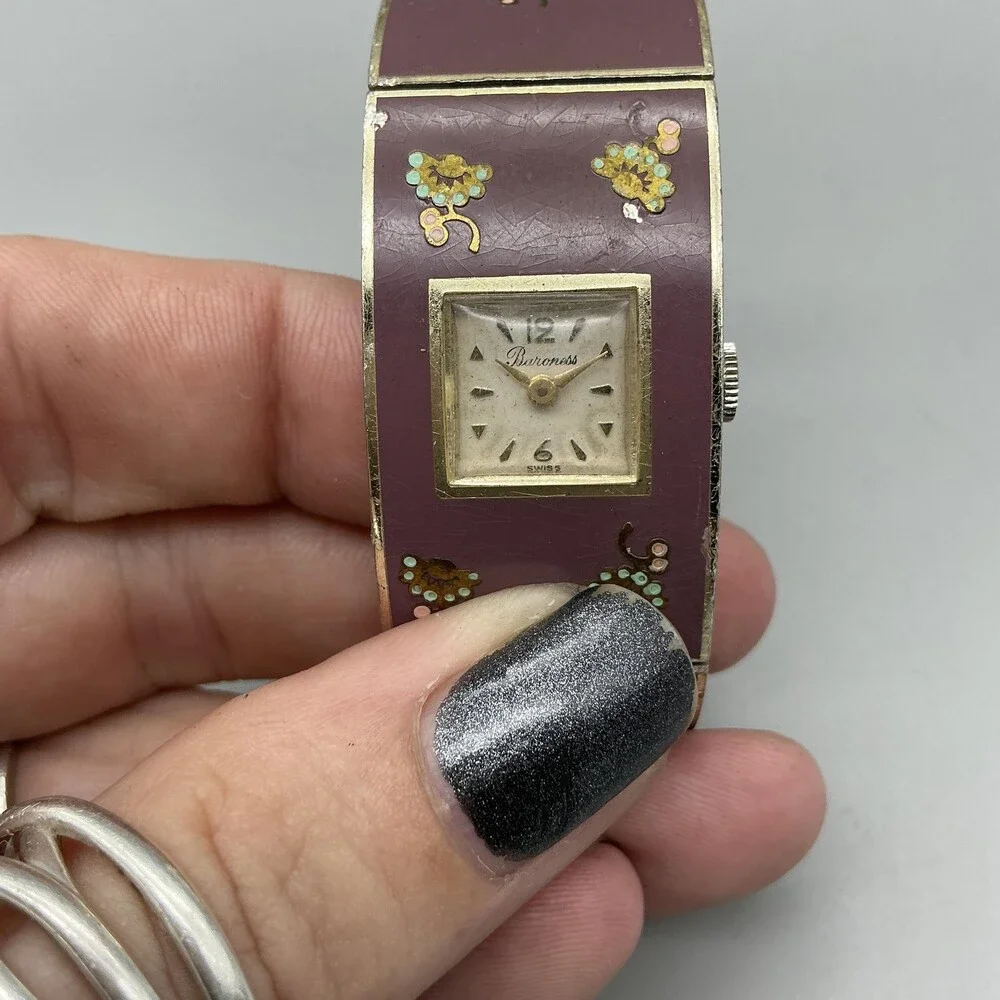 Vintage Baroness Womens Watch 23mm Enamel Cuff Manual NON WWORKING For Parts